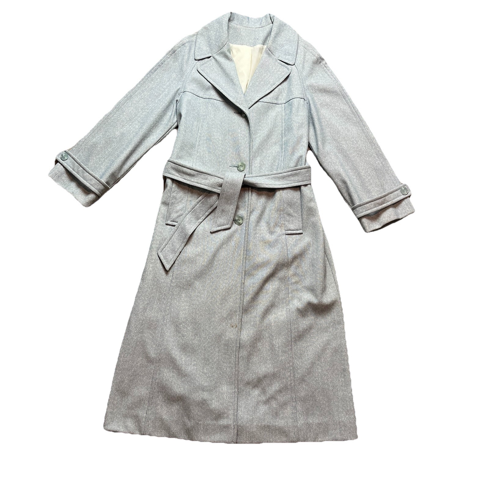 Vintage Betty Rose Women’s L Polyester Trench Coat Jacket Belted Blue White Long