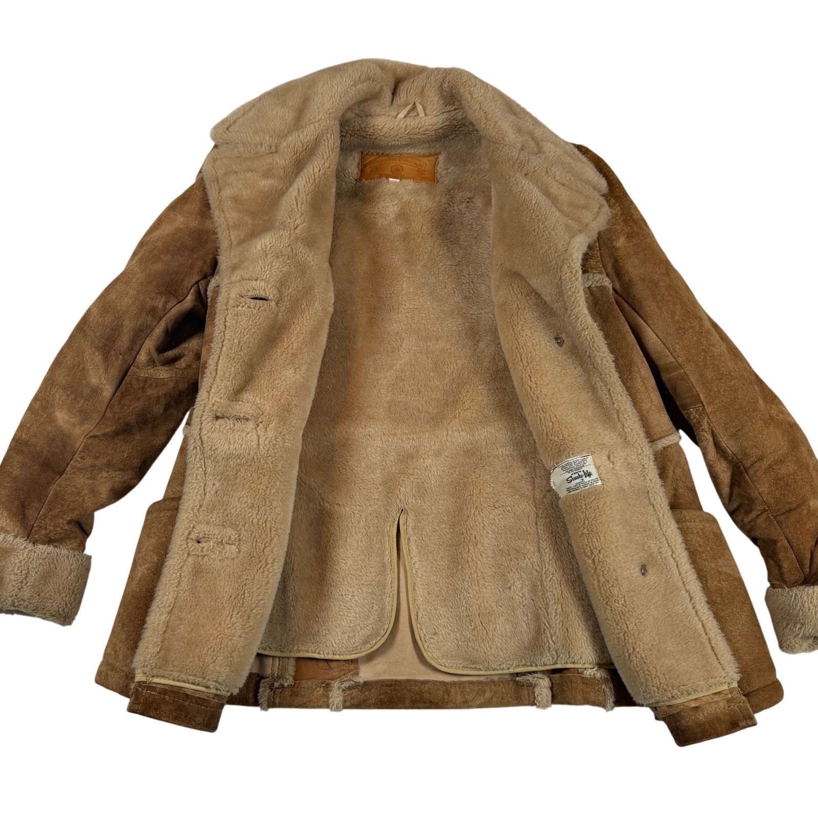 Vtg William Barry Brandon Colorado Suede Shearling Jacket Tan Brown Penny Sz XS