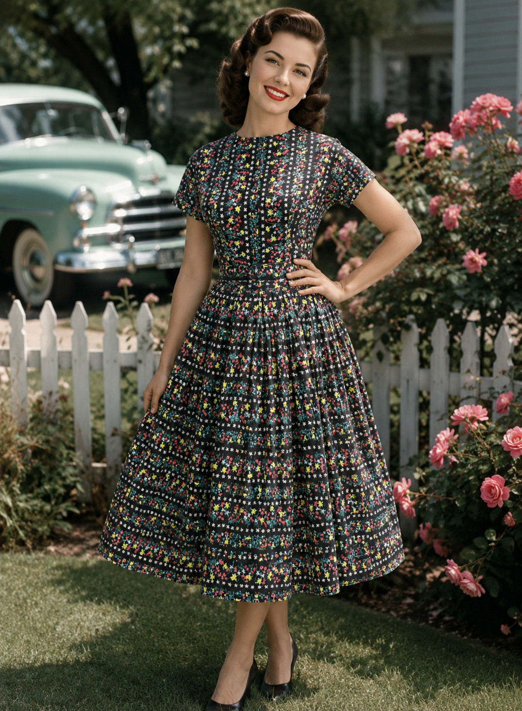 Vtg. 1950’s Full Day Dress Belted Pleated Skirt Novelty Folk Floral Print Sz S