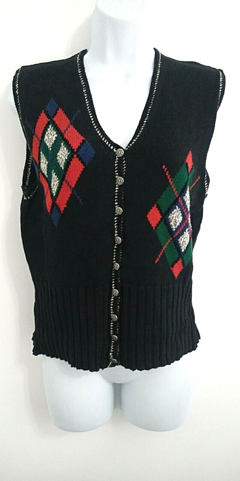 Vintage Susan Bristol Sweater Vest Women’s S Small Black Argyle Preppy Grandma