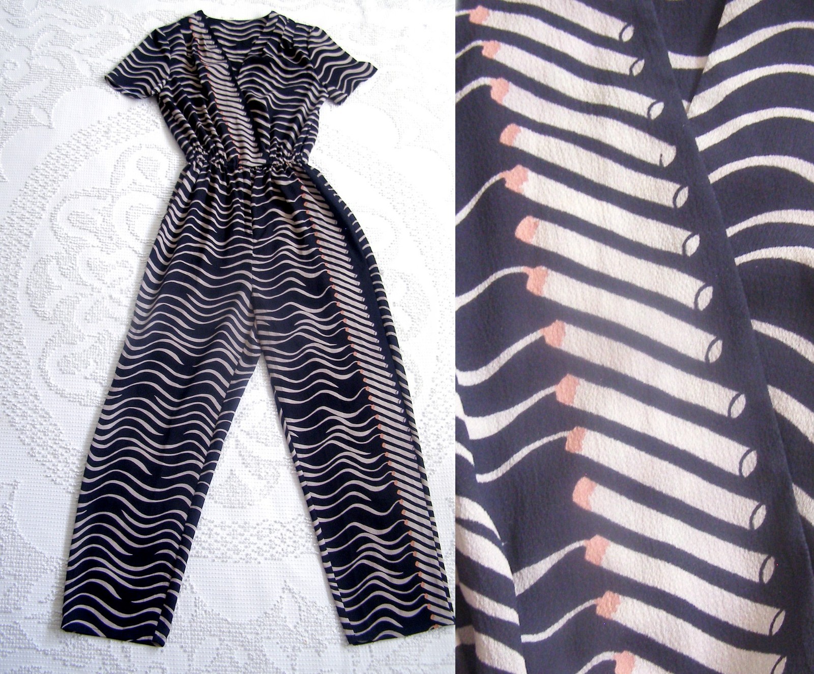 Rare Vintage 1970s 1980s Smoking Cigarettes Novelty Print Black Jumpsuit