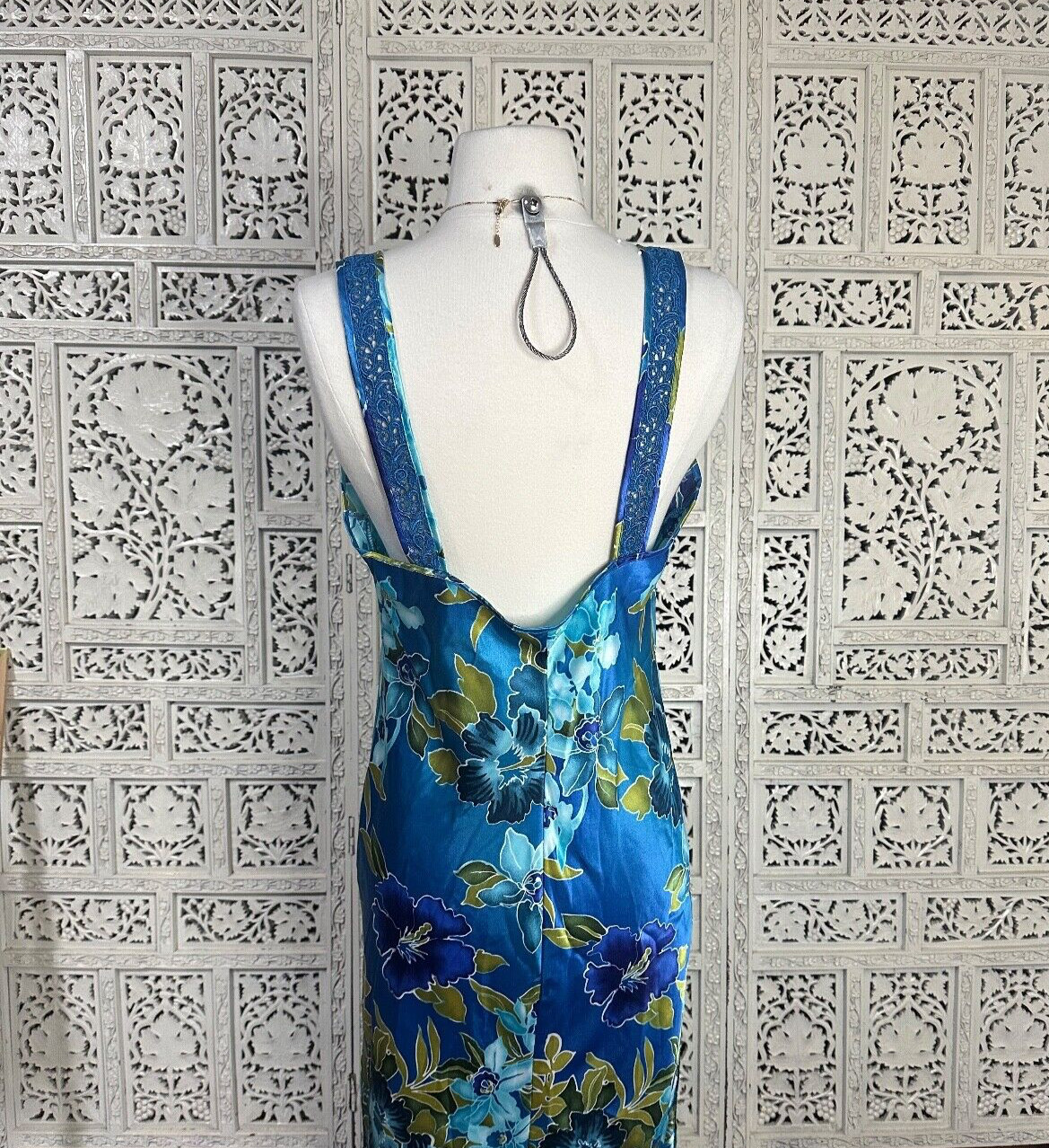 Vintage Blue And Green Floral Satin Slip Dress With Crochet Straps Sz Medium