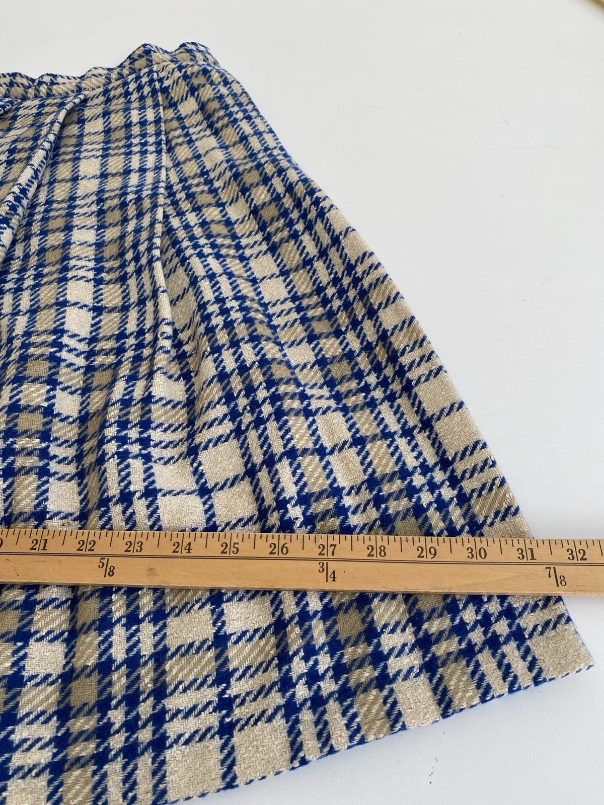 Vintage Handmade 50s S 100% Wool Pleated Full Skirt Blue Ivory Plaid