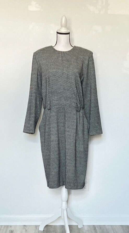 1980s Houndstooth Dress, 1990s Checkered Dress, Plus Size Vintage