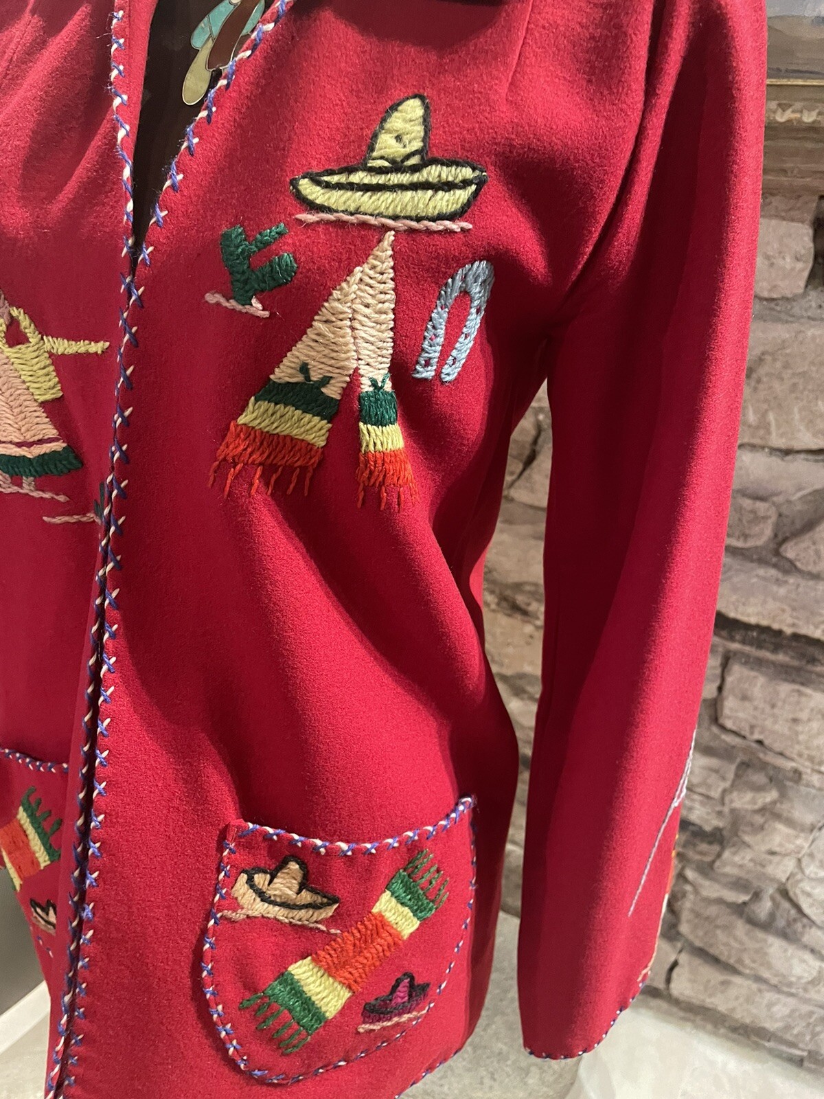 1950s Red Wool Felt Embroidered Mexican Tourist Jacket Size S