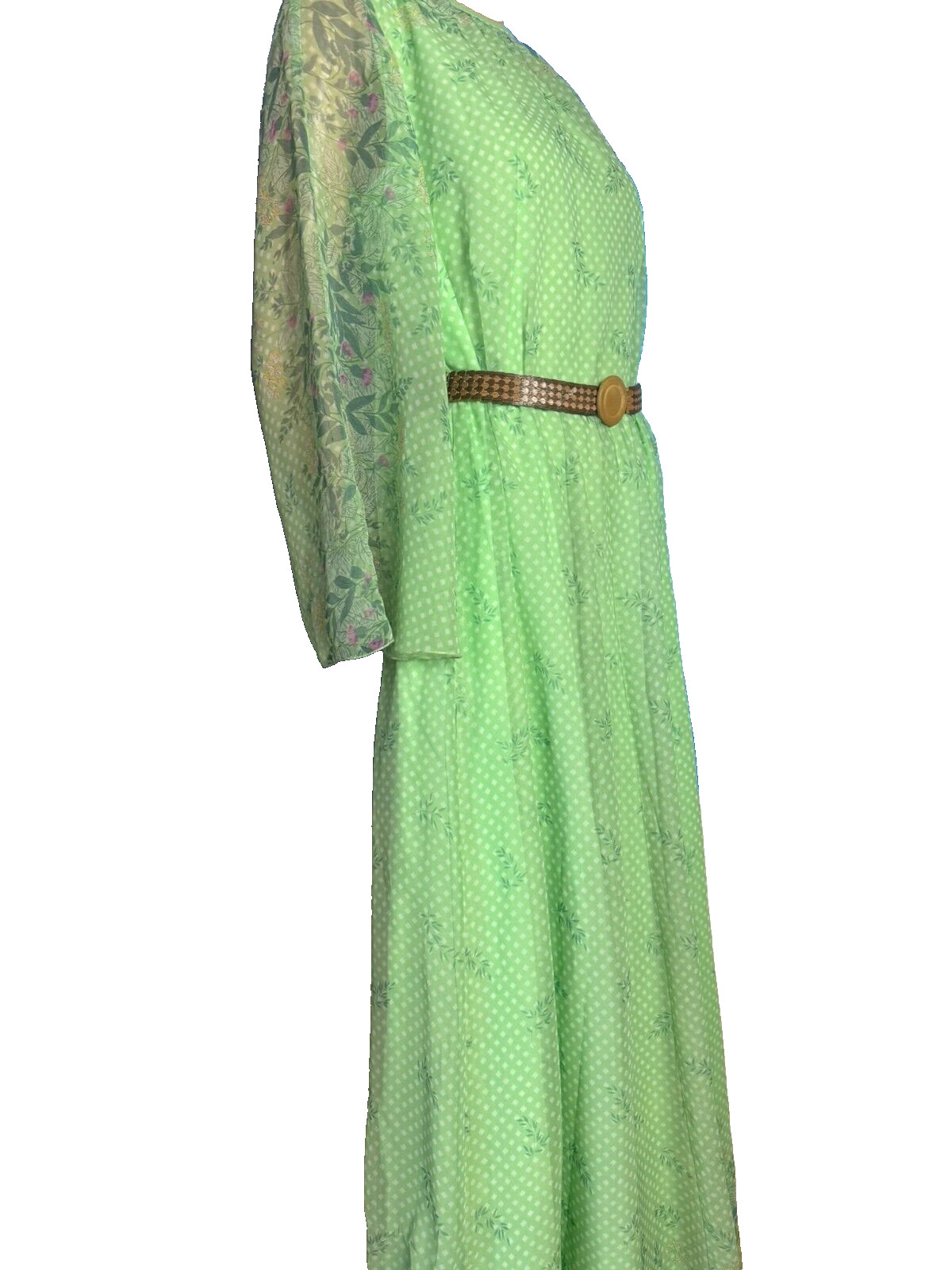 Maxi dress trumpet sleeve hippie dress mint dots ABBA 70s vintage 40 42