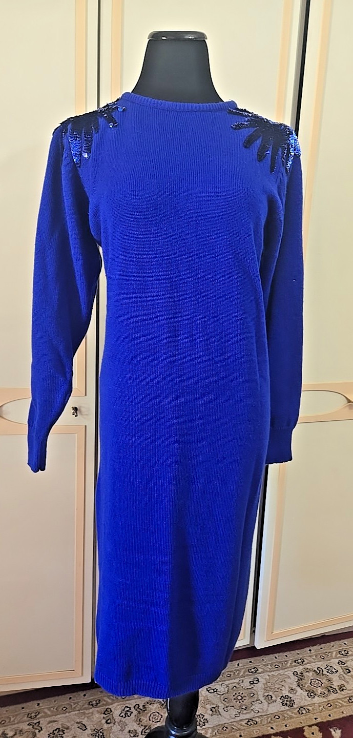 Vintage 80s Blue Sweater Dress by Plain Jane~ Knee-Length, Sequin Details, M