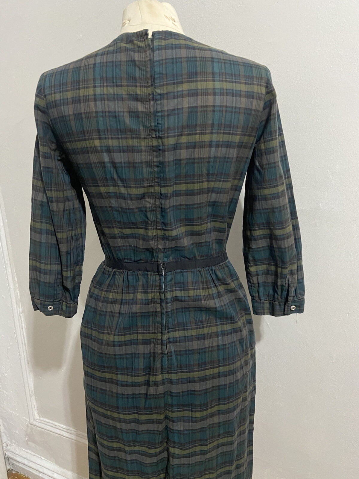 60s Helen Whiting Green Plaid Sheath Vintage Dress