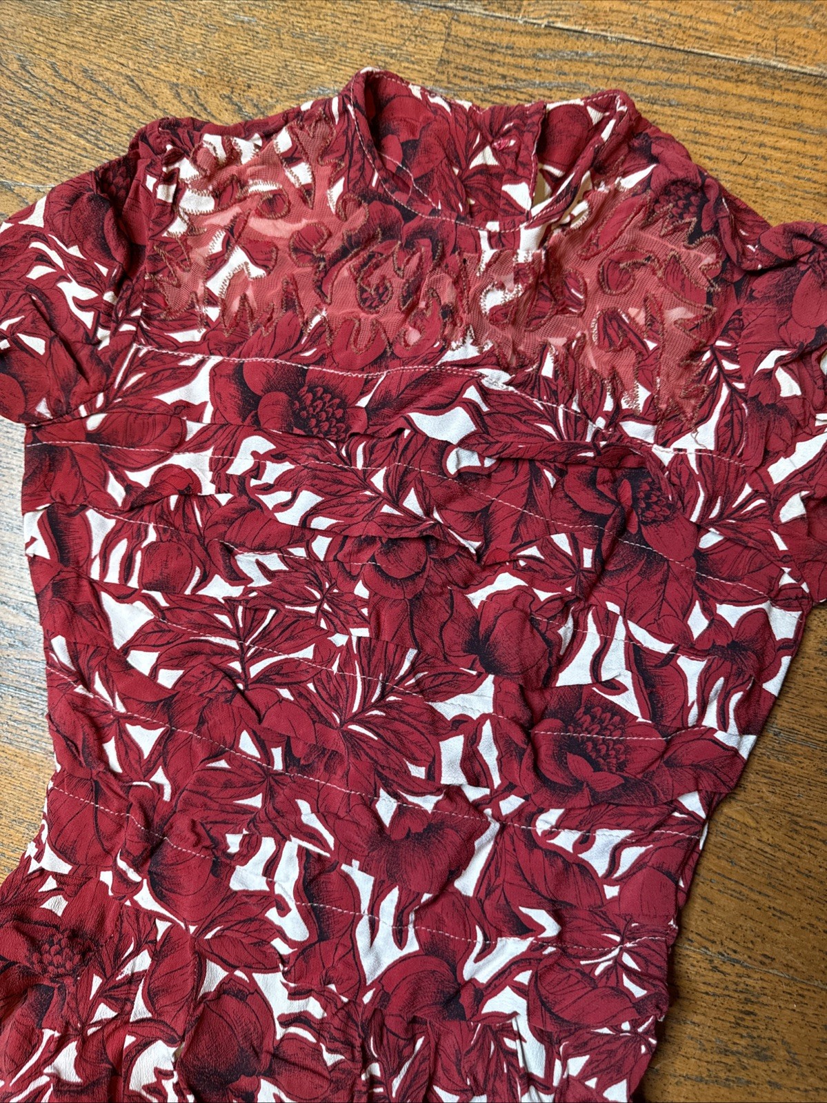 Antique 1930s Cranberry Floral Crepe Dress – Appliqué Netted Yoke – Back Buttons