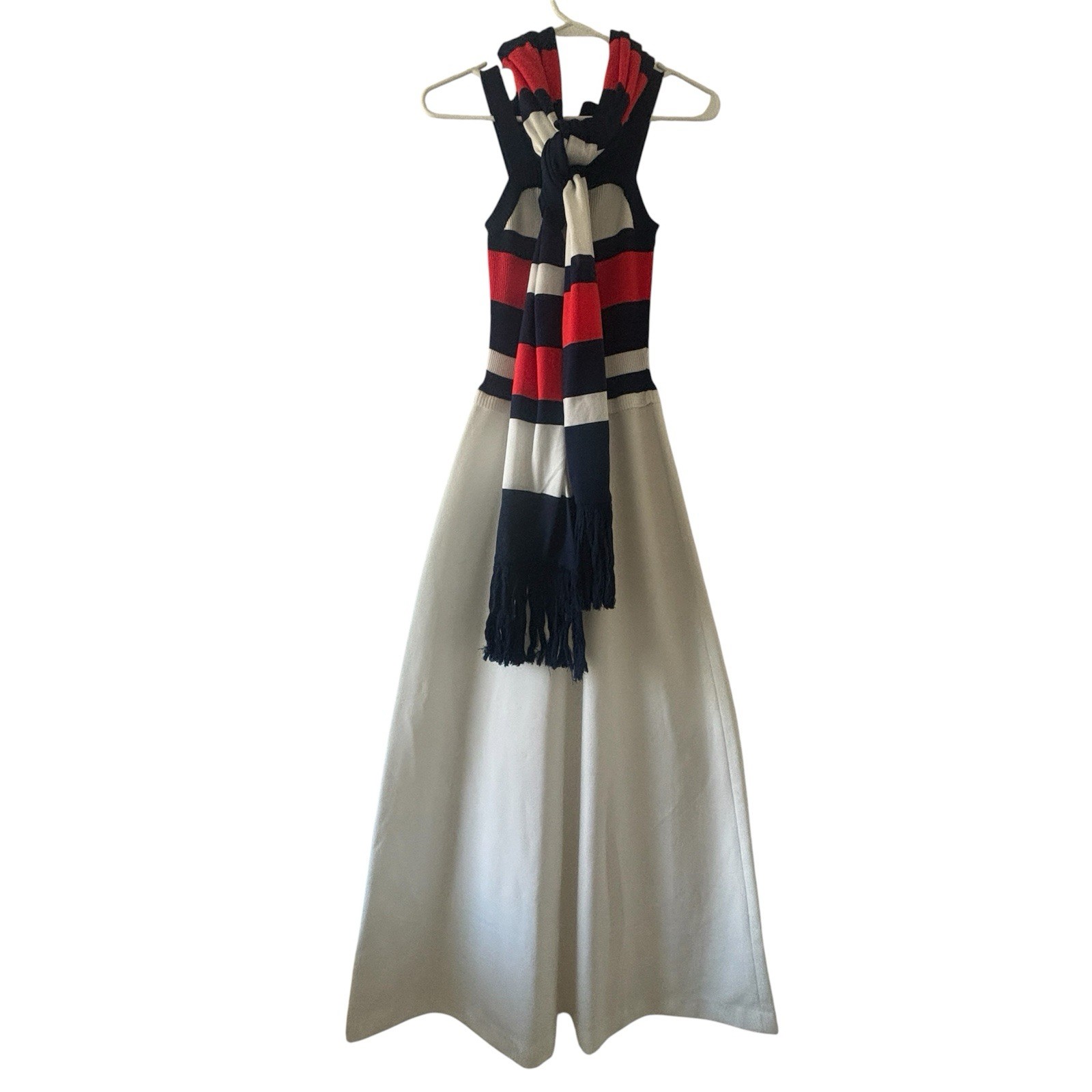 Vtg 70s Roncelli 5/6 Blue White Red Fit & Flare Maxi Dress Mod Retro w/ Scarf