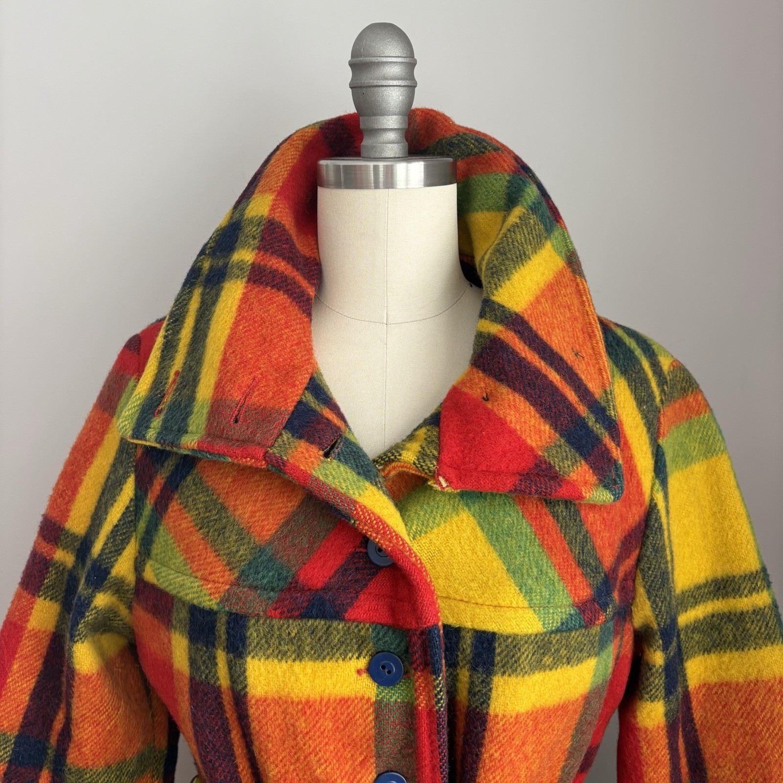 Vintage 1970’s Rainbow Plaid Belted Wool Coat w/ pockets Size XS