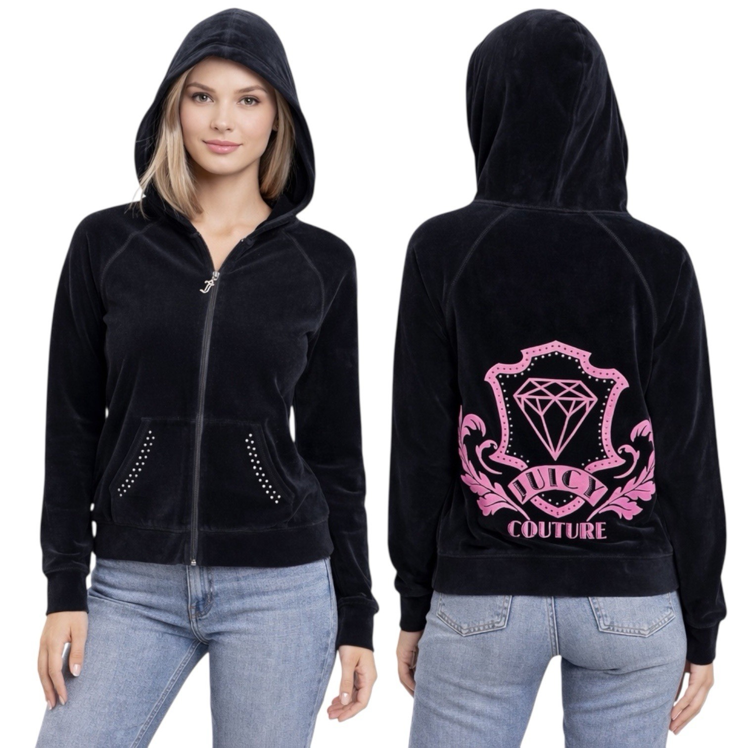 Vintage Juicy Couture Girls XL Black Velour Original Pink Crest Rhinestones Y2K