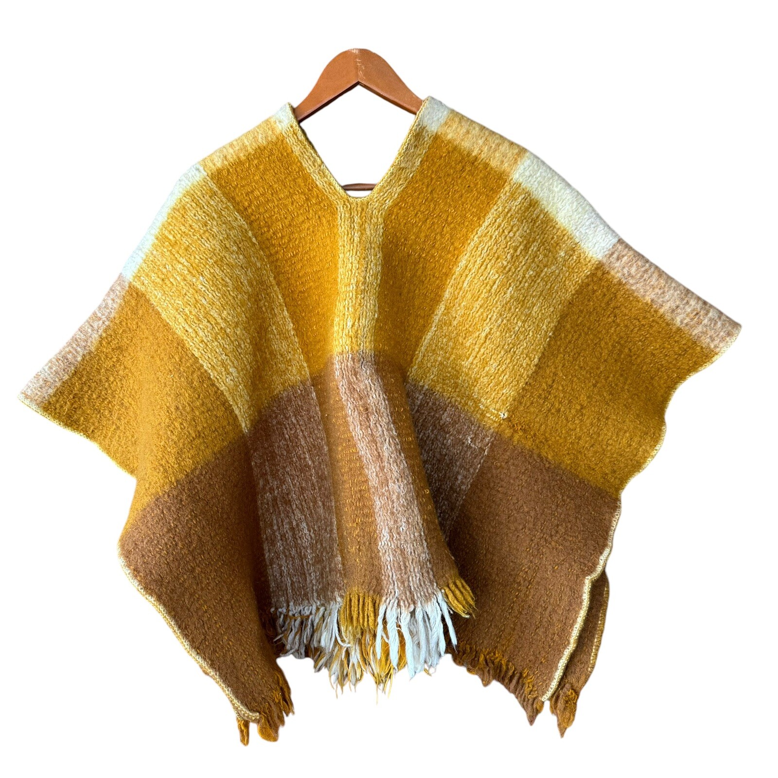 Vtg Heavy Wool Blanket Poncho Plaid Fringe Gold Yellow Tan White
