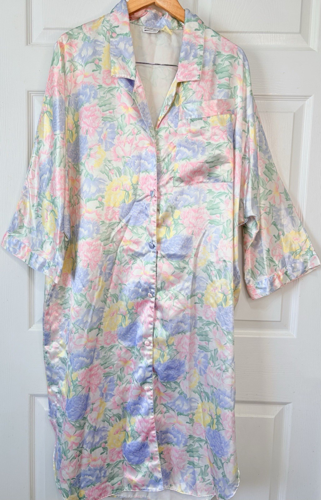 Vintage Kathryn Satin Pastel Floral Flannel Night Shirt Nightgown Gown~Large