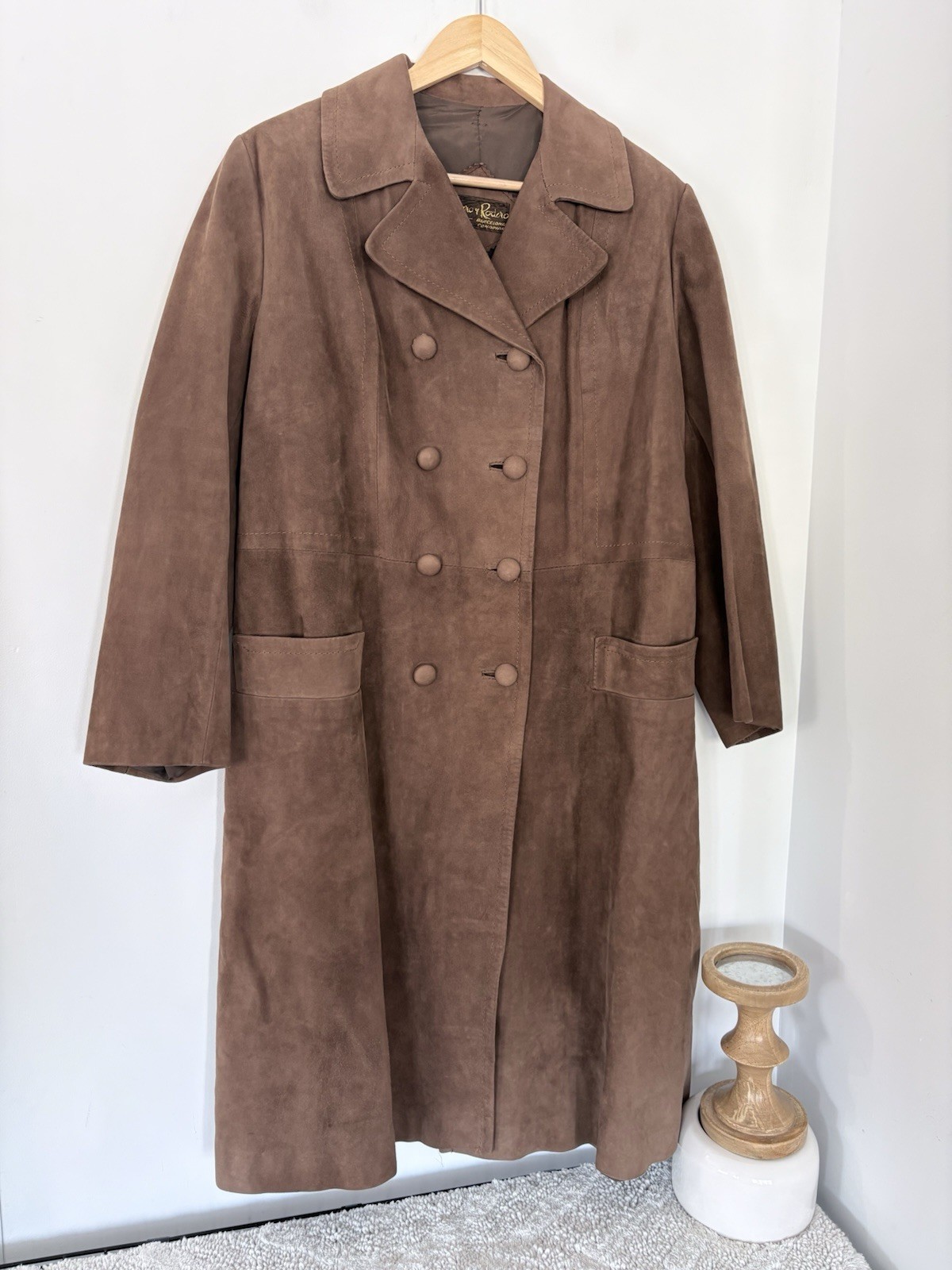 Vintage HERRERO Y RODERO Suede Leather Long Coat Button Sz L 60s 70s Barcelona
