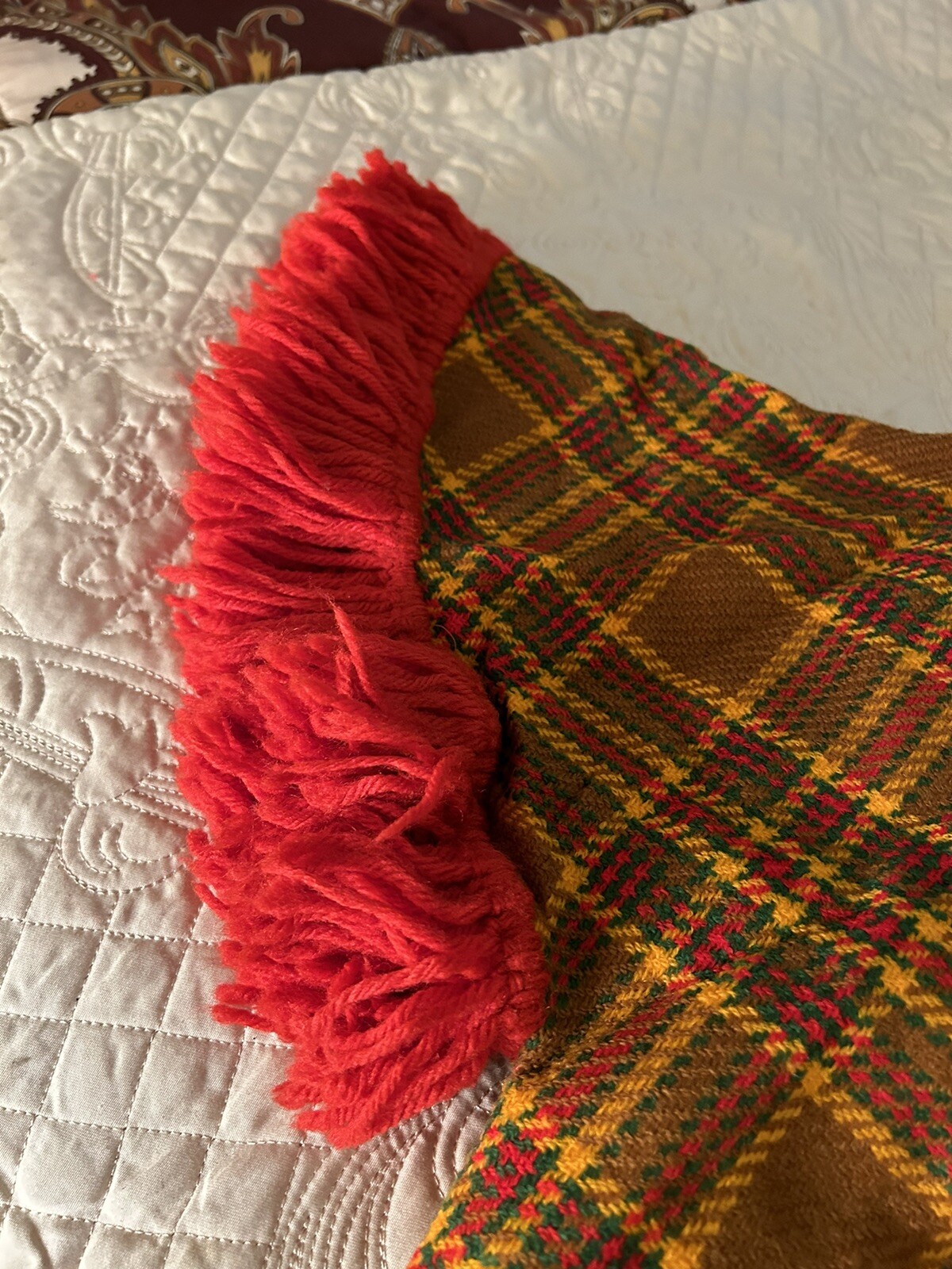 Vtg mid century plaid cape jacket fringe groovy modern boho needs repair on trim