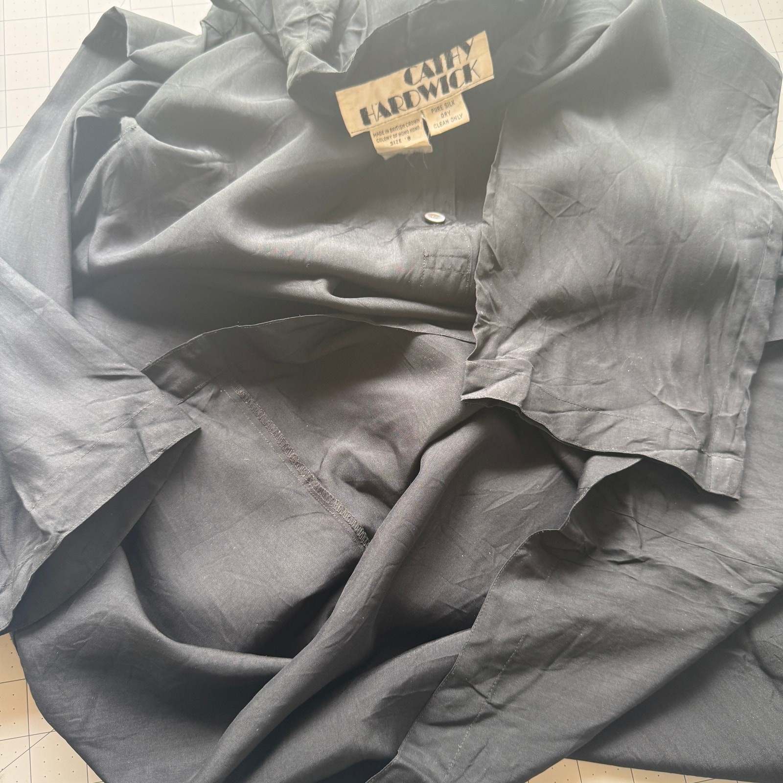 Vtg 80s Cathy Hardwick Black Silk Batwing Dress Dolman Sleeve Minimalist Pockets
