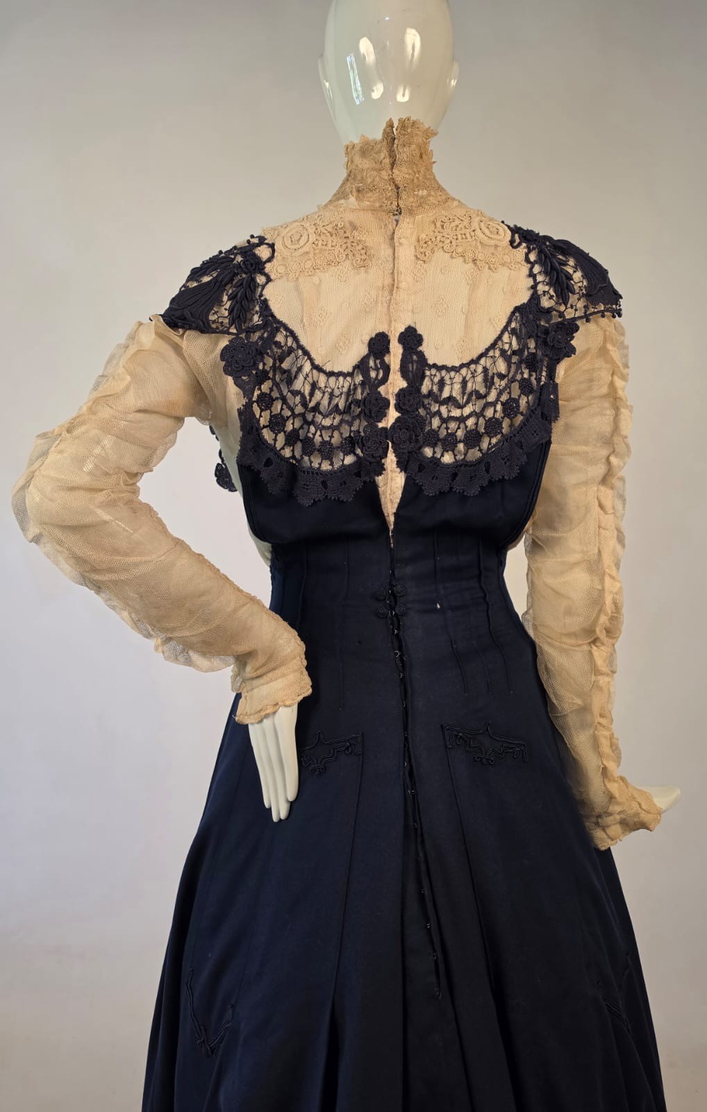 EDWARDIAN BLUE CASHMERE + LACE DRESS W RUCHED IVORY NET SLEEVES