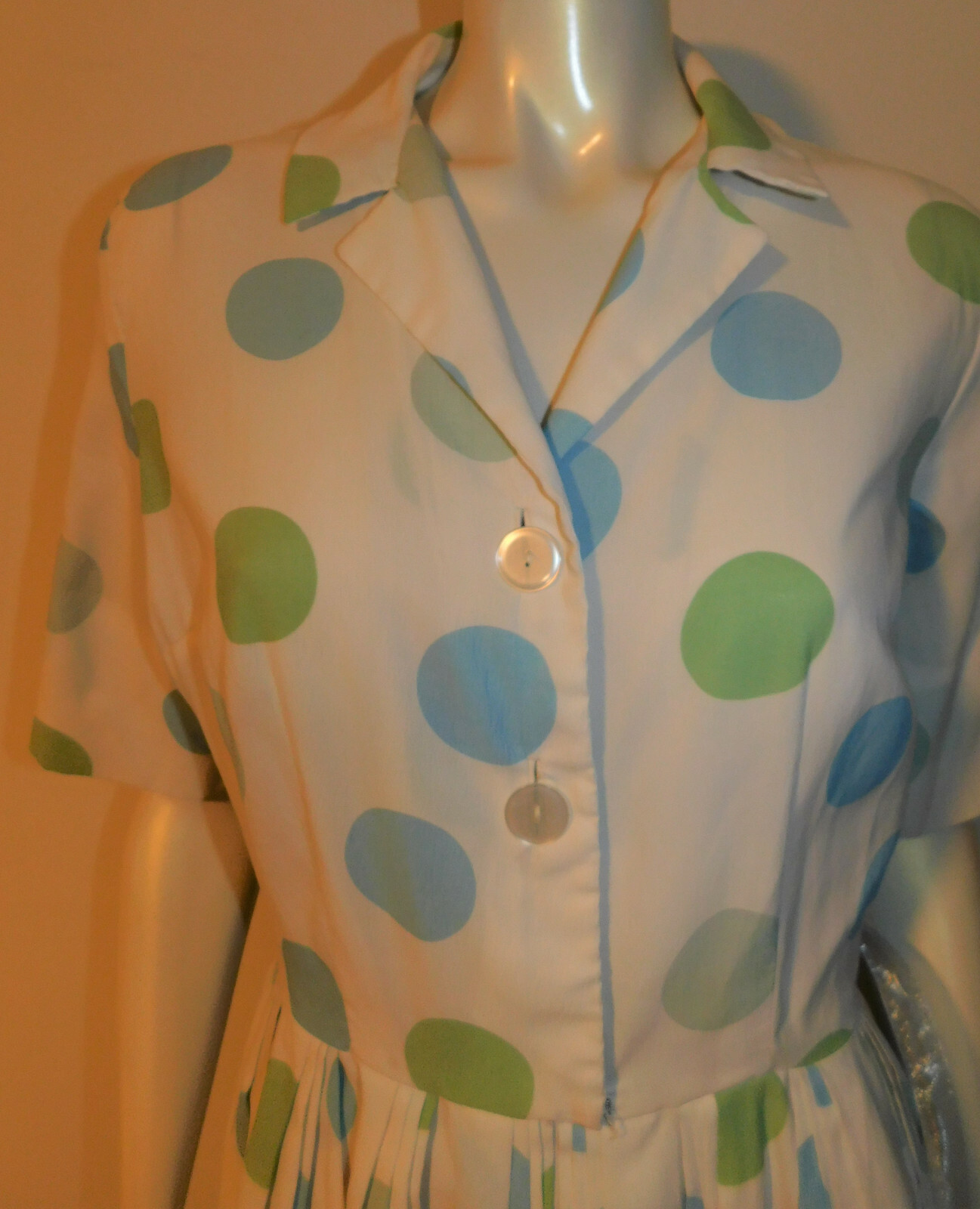 Polka Dot Vintage Dress 8 10 12 Fitted Blue Green SS Pleated Full Skirt Button