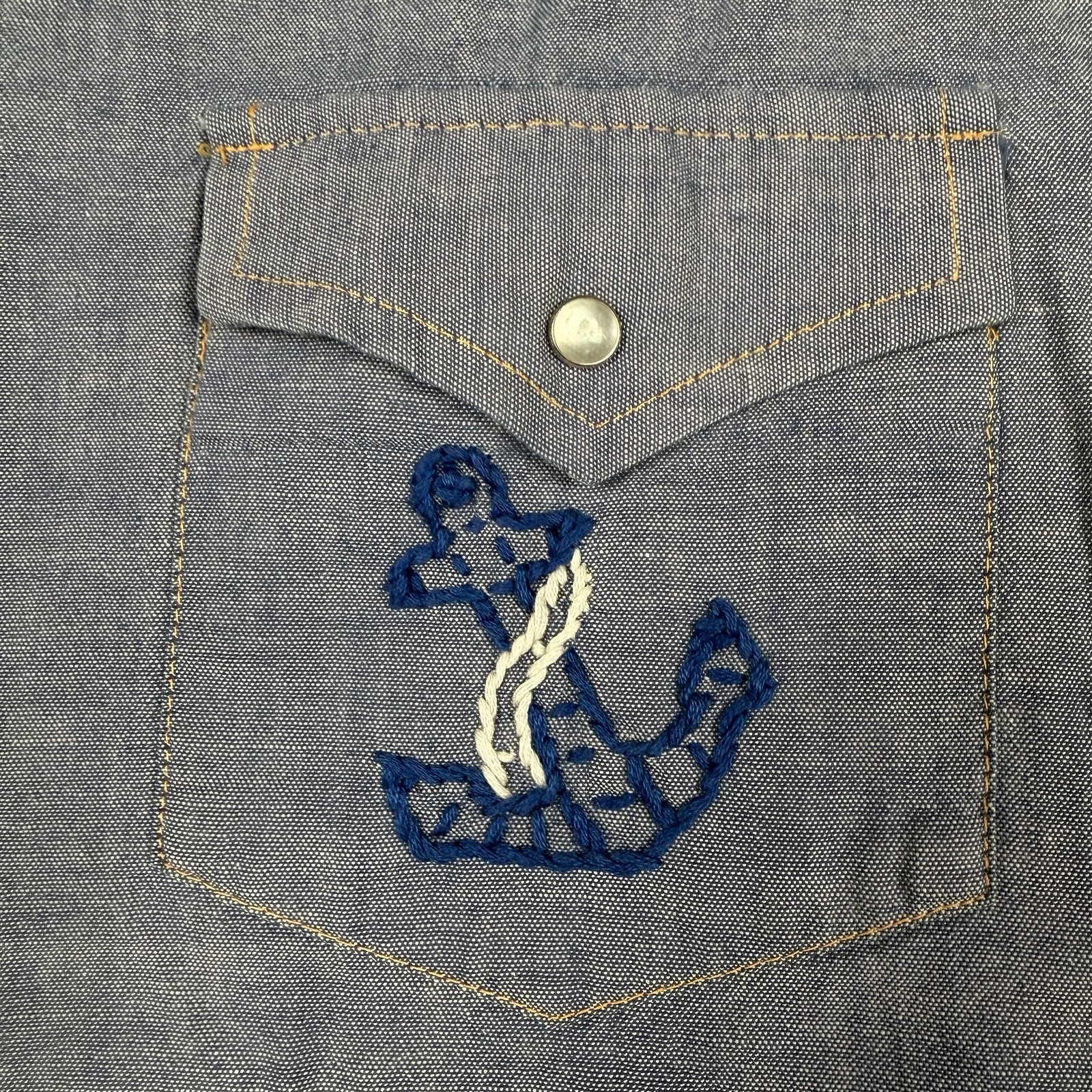 VTG 70s Sears Western Wear Pearl Snap Shirt Womens M Blue Chambray Embroidered