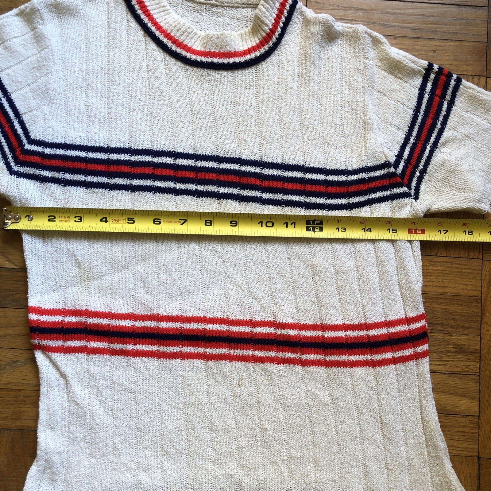 VINTAGE 1960s shirt striped knit short sleeve white red blue size S/M