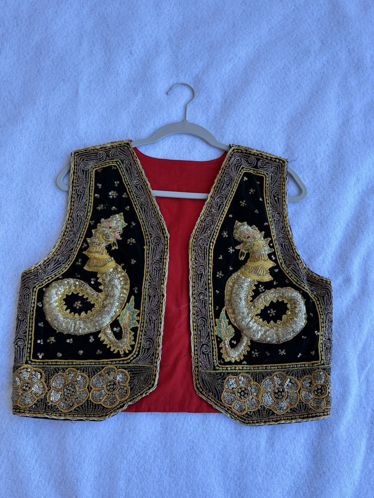 Vintage Myanmar Burma Dragon Elephant Vest Sequins Hand Embroidered BOHO CHIC M