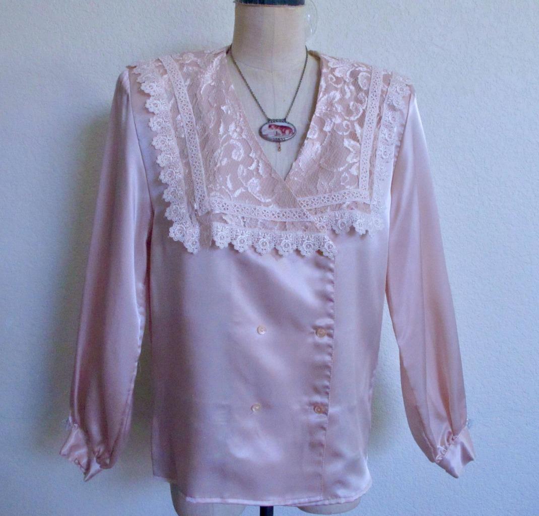 Vintage San Andre Silky Blouse 10 Pink Lace Victorian Collar Slick Shiny Satin