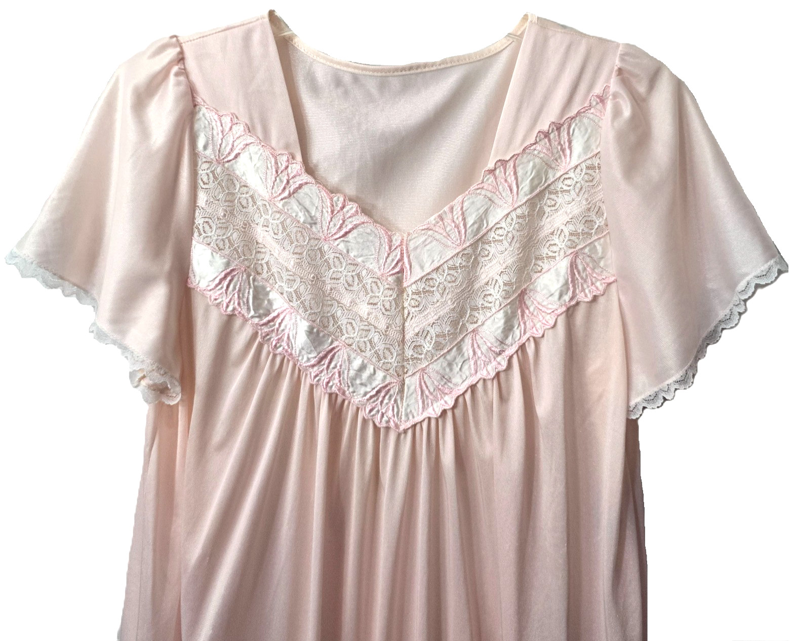 Vintage Lady Cameo Night Gown M L Maxi Dress Nightie Pink Lace Sheer Nylon Satin