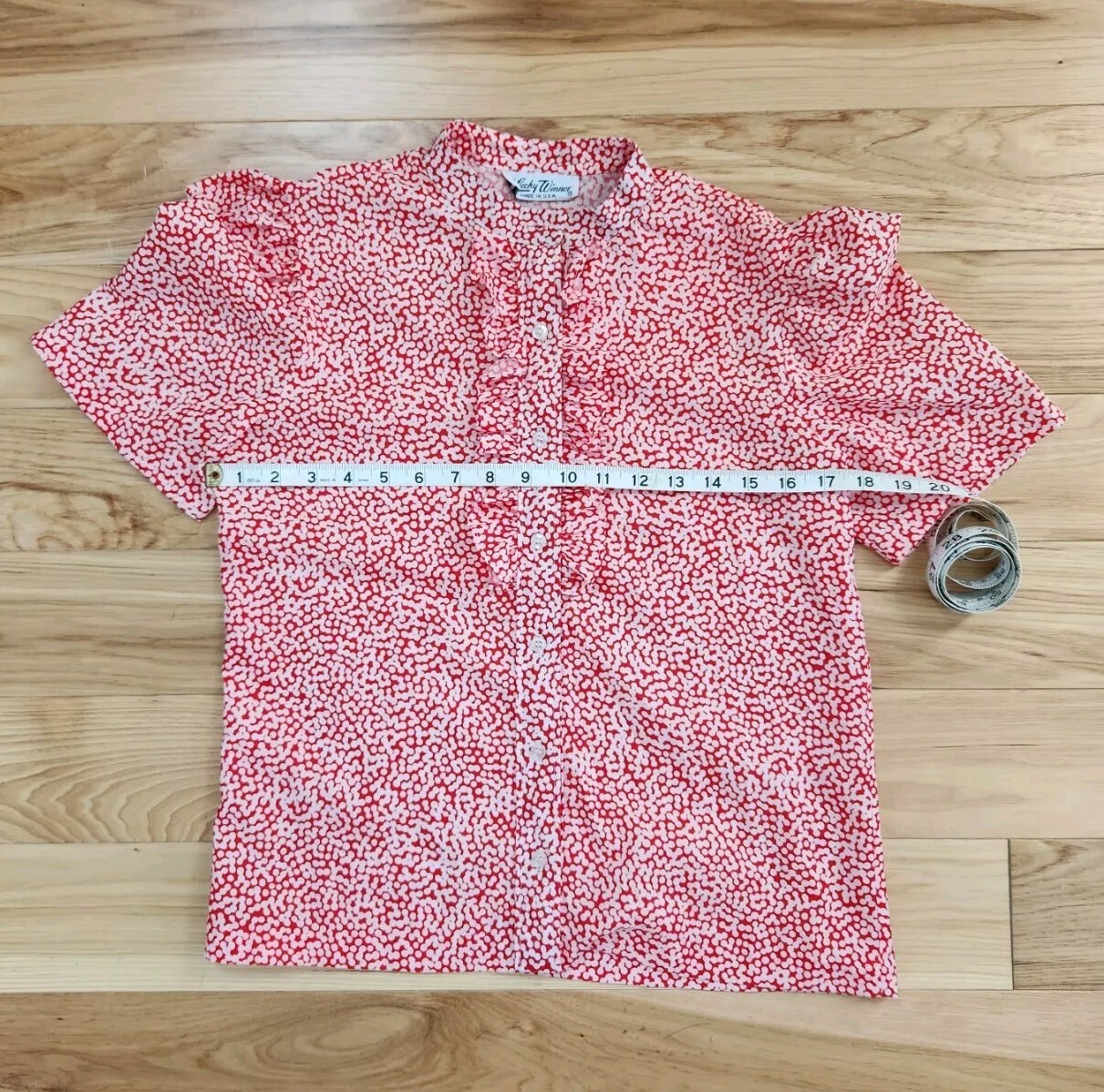 VINTAGE Lucky Winner 1970s Blouse Red And White Polka Dots Puff Sleeve Retro Top