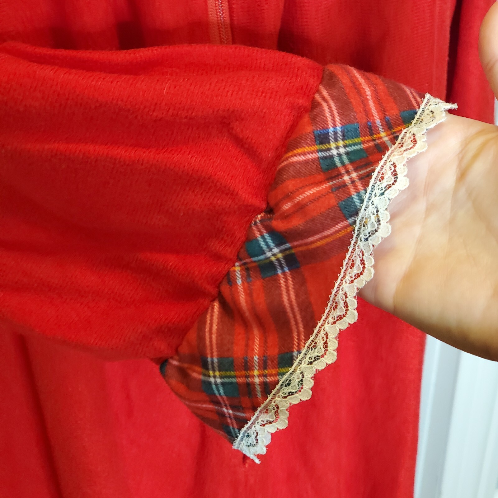 Vintage Christmas Velour Red Housecoat Robe Zip Front Long Plaid Ruffles Small