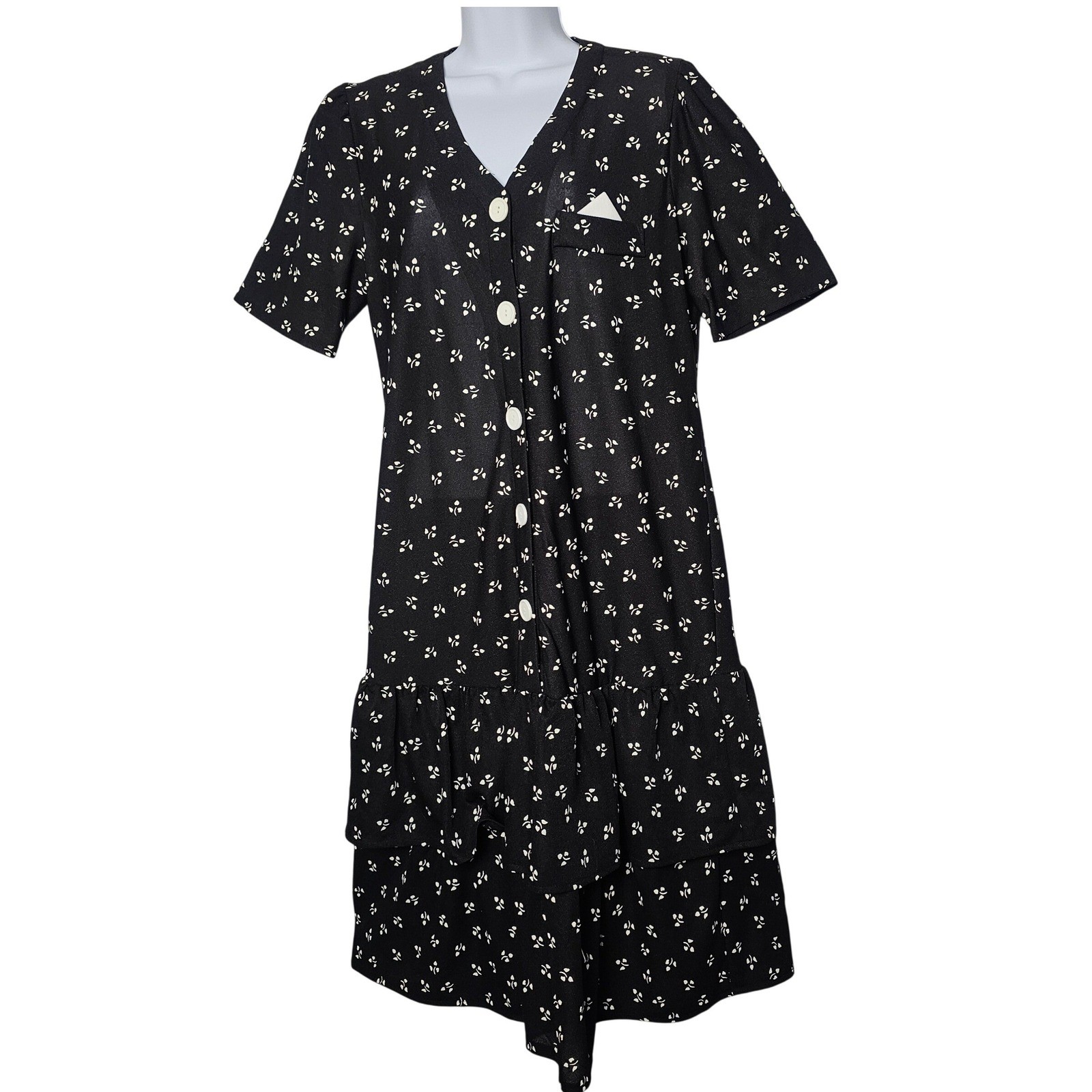 Tabby Of California Vintage Ditsy Floral Dress Womens 12 Black Tiered Ruffle 90s