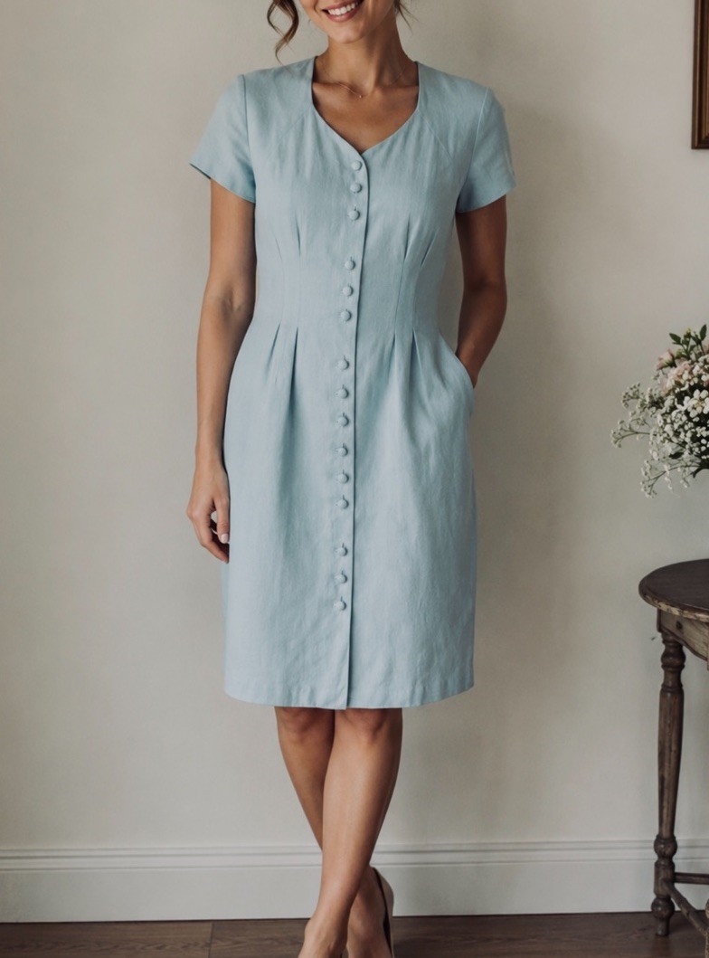 Laura Ashley Size US 8 Vintage Linen Blend Button Front Dress Blue Made In GB/UK
