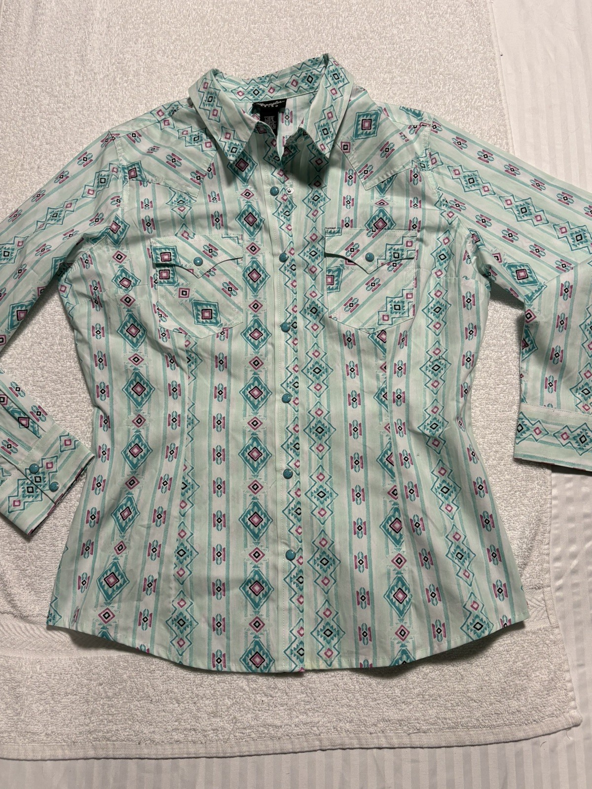 Wrangler Retro Women’s L western Pearl Snap Shirt Aztec Turquoise Southwestern
