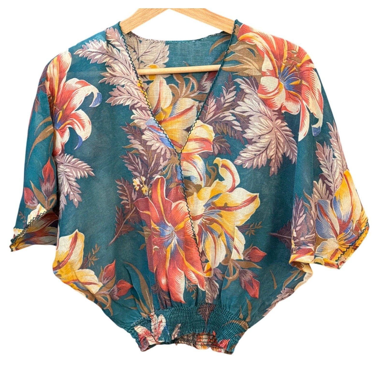 Vintage 70’s Disco Tropical Blouse Boho Summer Cropped Kimono Sleeve V-Neck Top
