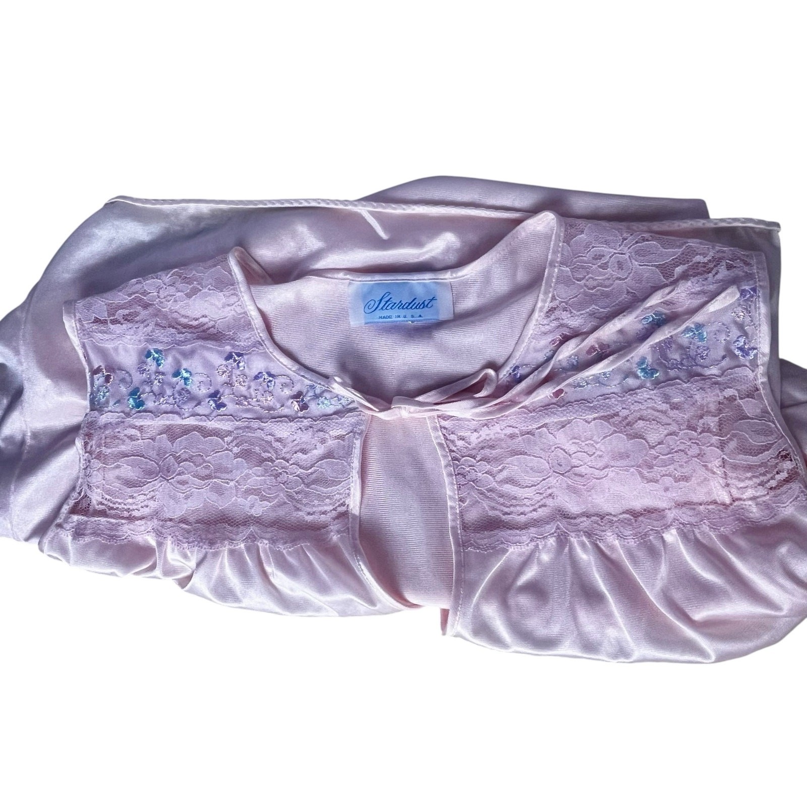 Vintage Stardust Pink Nylon Lace Floral Embroidered Nightgown Sz M Romantic USA