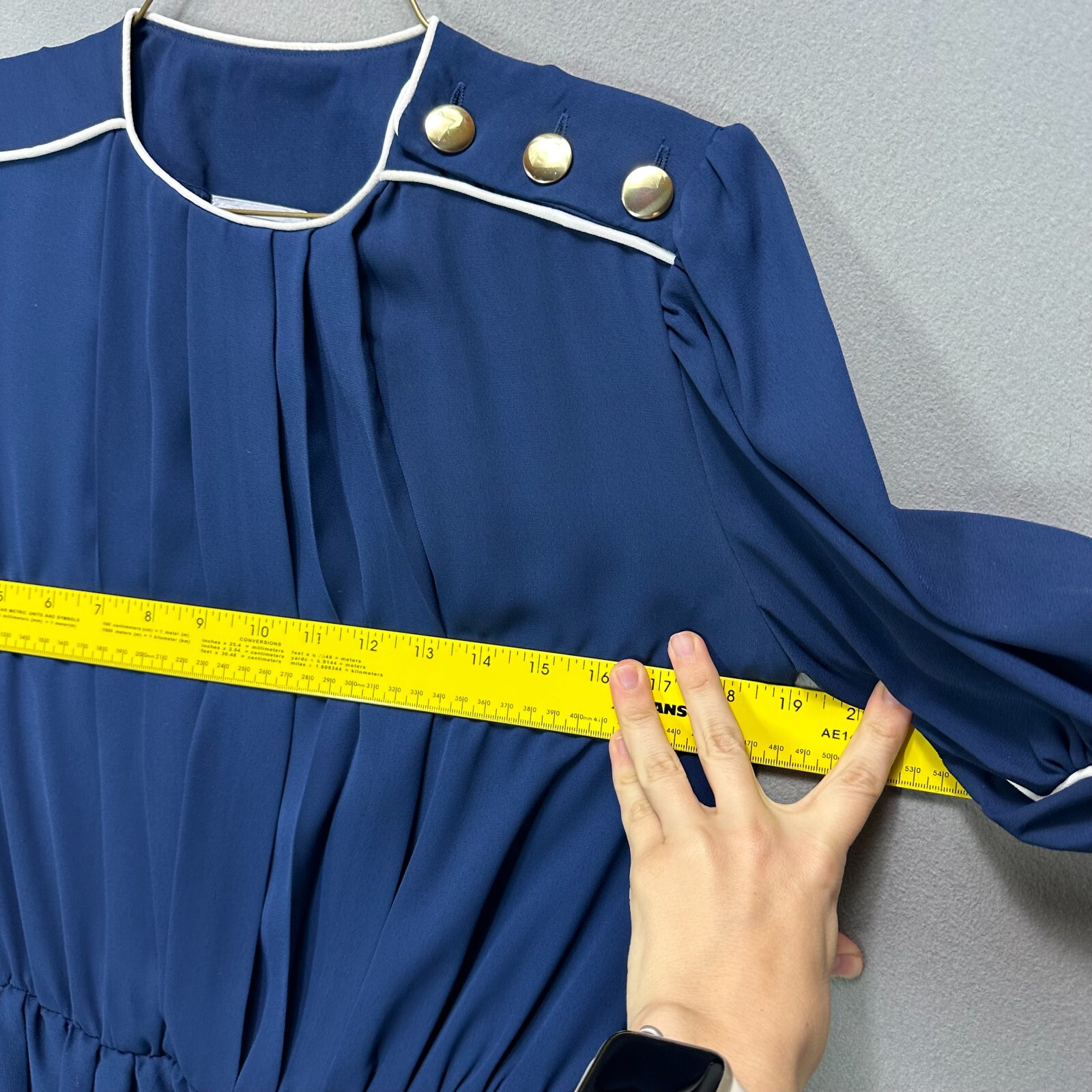 Vintage 70s 80s Navy Blue Dress Size 6 Sailor Pleated Short Sleeve Puff Belted