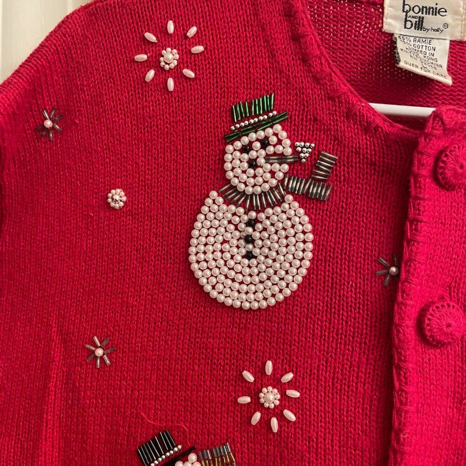 Vintage Bonnie and Bill Red Beaded Snowman Ugly Christmas Cardigan