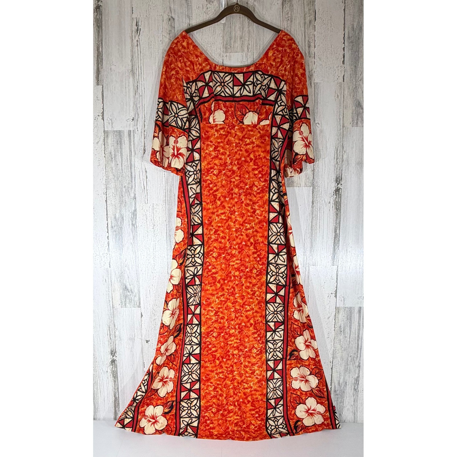 Ui-Maikai Vintage Hawaiian Maxi Dress Small Orange Hibiscus Floral 70s Aloha