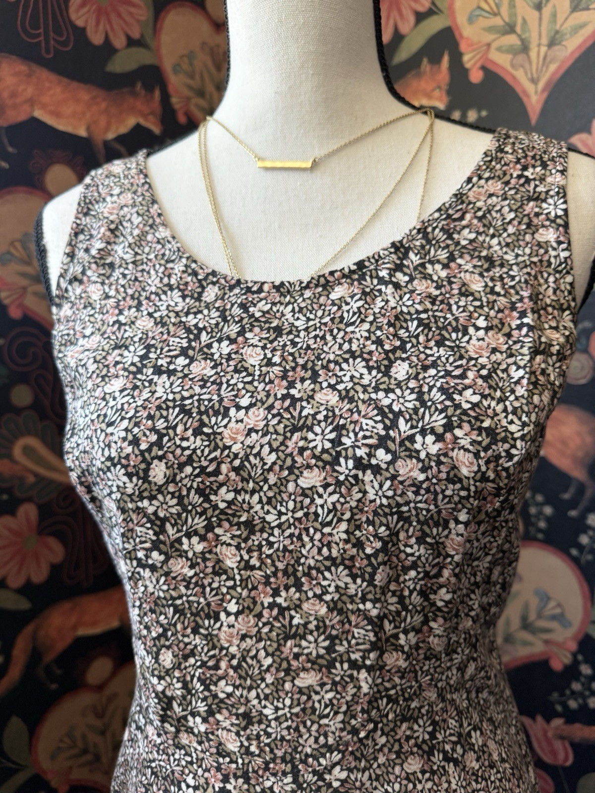 Vintage 90s Floral Midi Dress Lace Up Back Black Cream Ditsy Slip Grunge