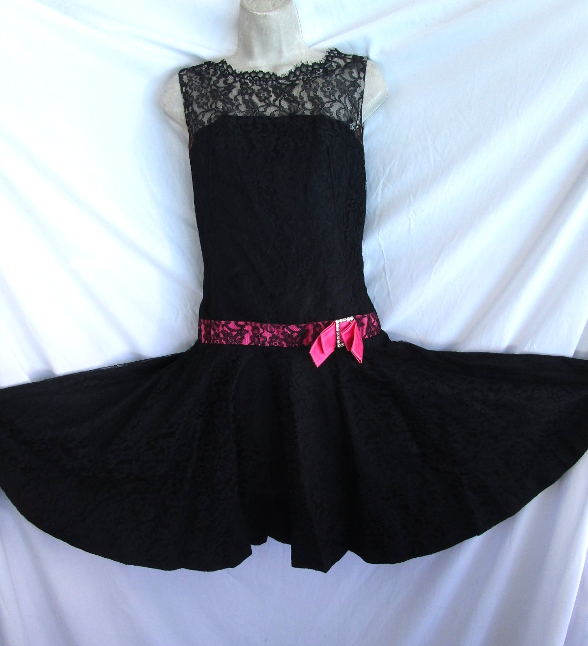 Vtg 60s Another Ann Barry Jr. Black Lace Drop Waist Mod Flapper Party Dress TLC