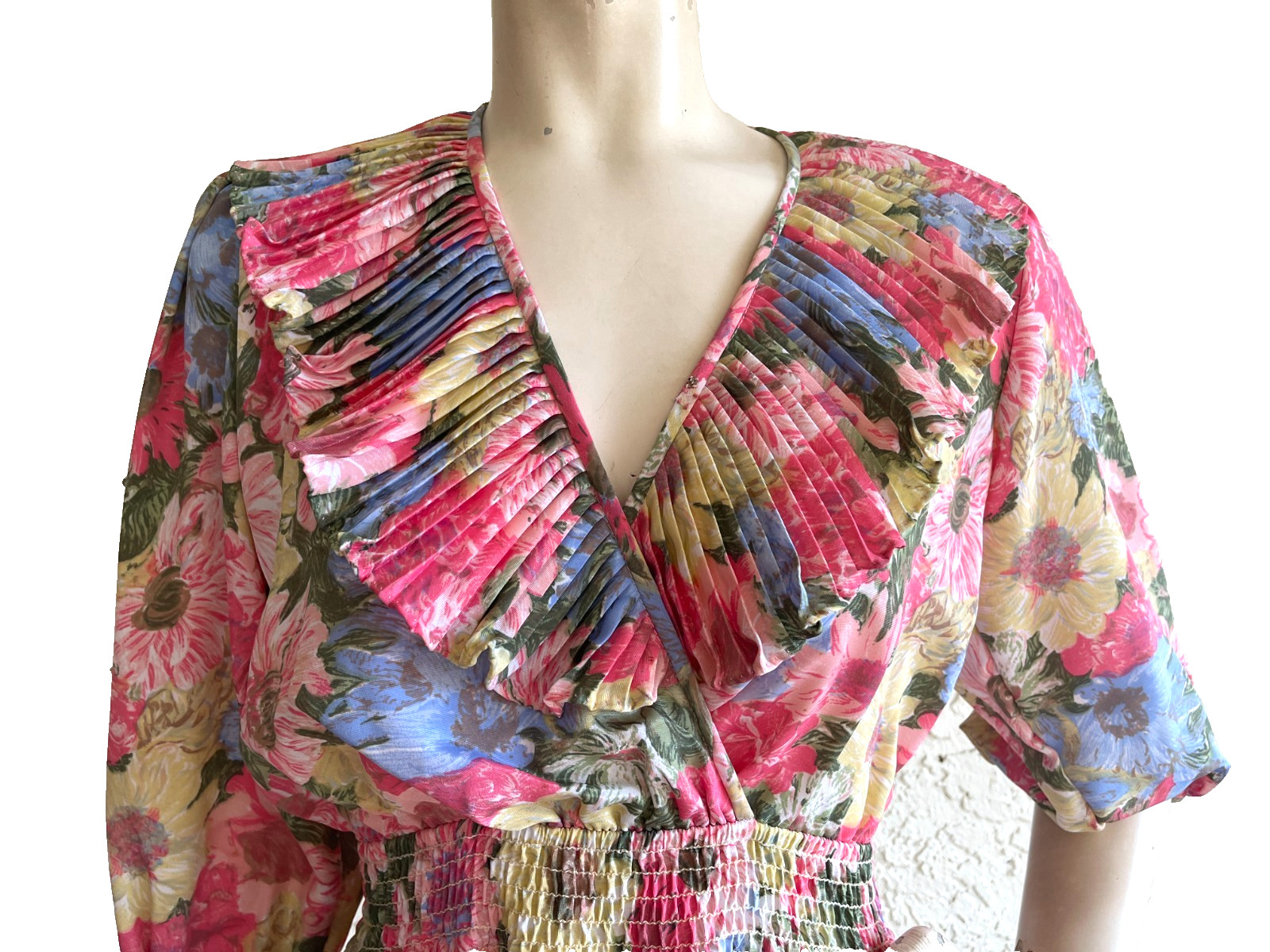 VTG SUSAN TUDOR Top Floral Pastel Pleated Ruffled 80’s Blouse USA Size XS