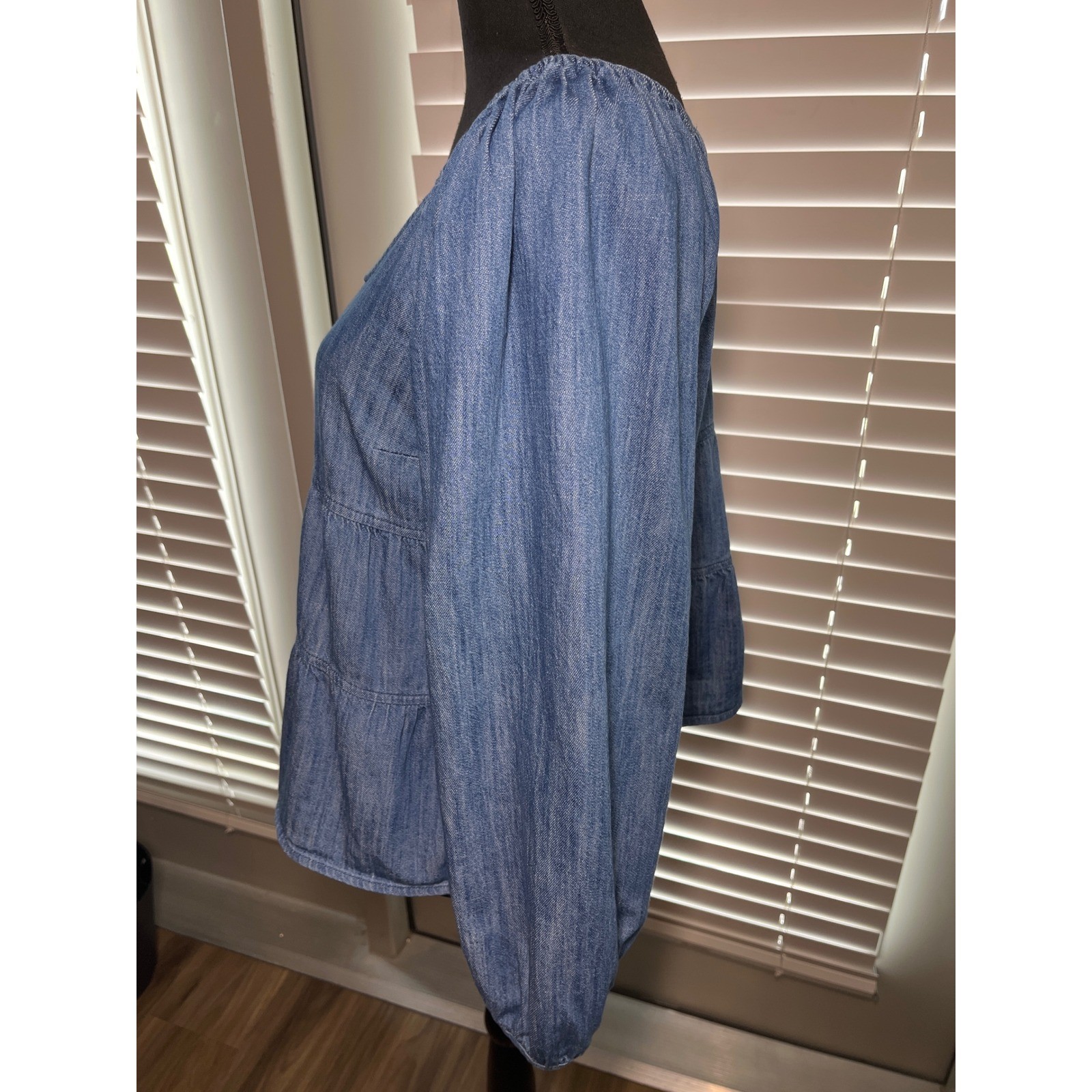 Old Navy Tiered Blue Denim Blouse Medium Puff Sleeve Babydoll Cottagecore