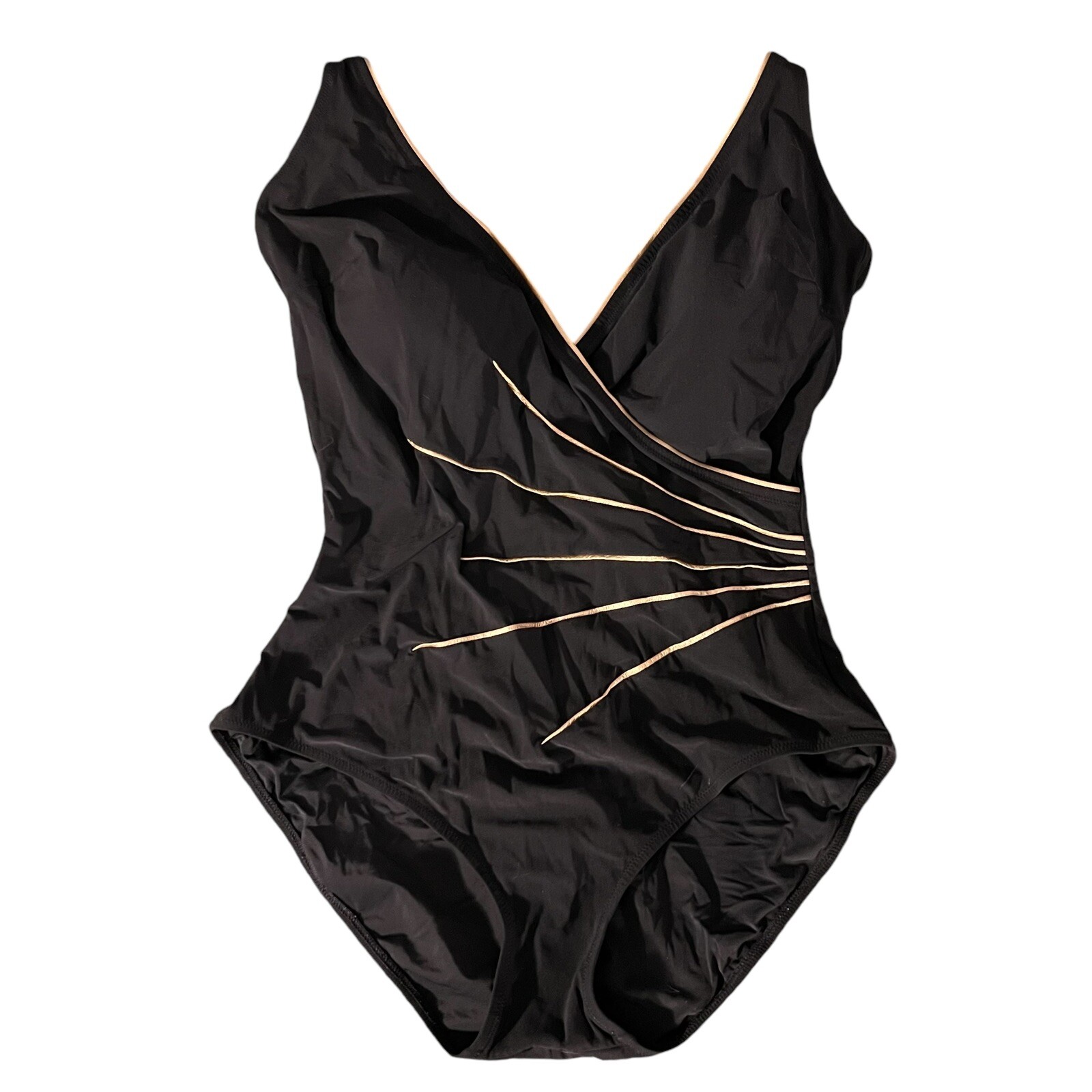 Vintage Gottex Swimsuit Black Gold Sunburst Size 16 Retro 80s Swimwear