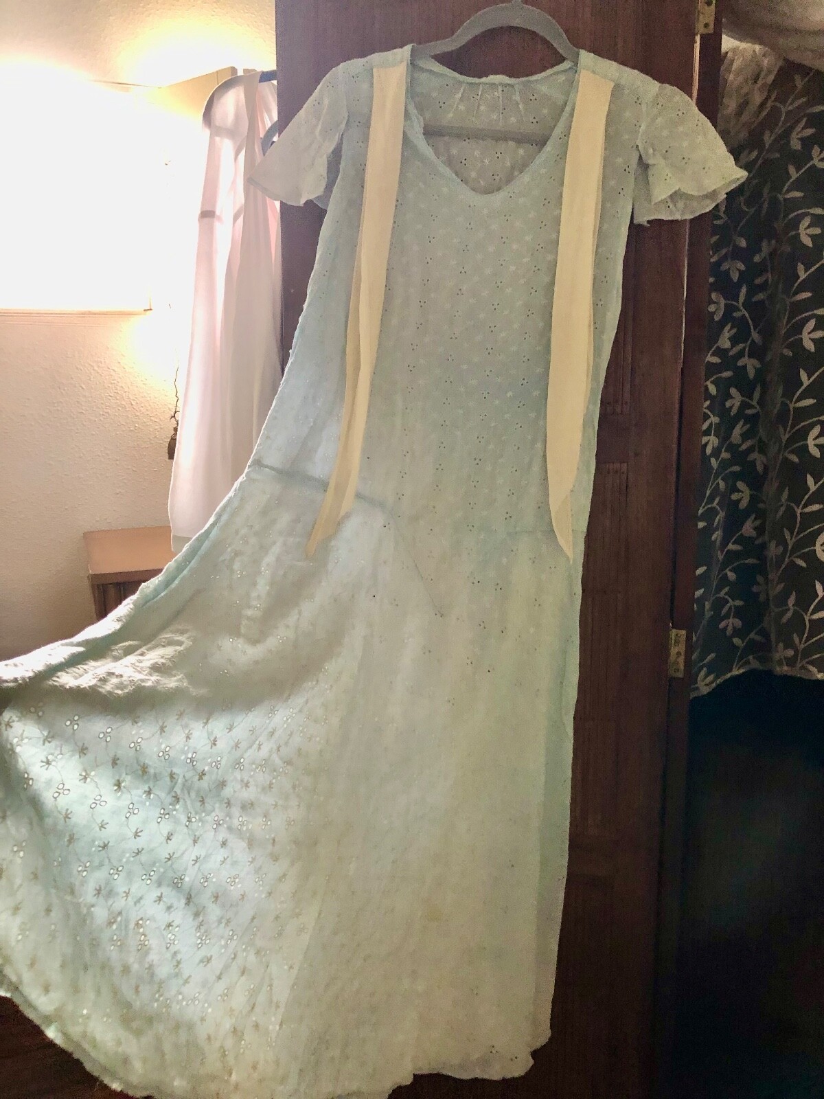 Antique Vintage Dress early 1900s White Cotton Eyelet Baby Blue SM..lowering $