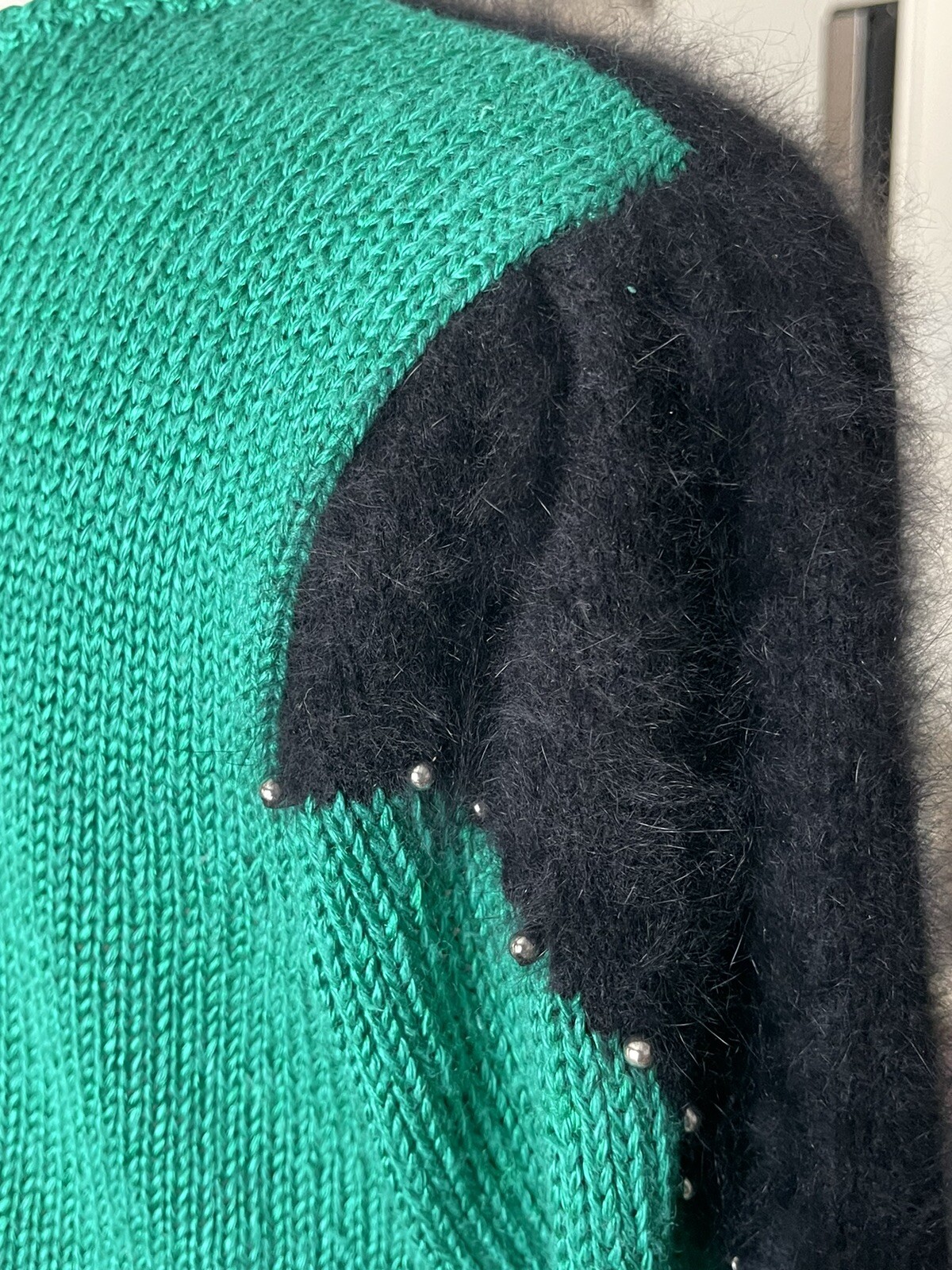 80s VTG ANGENIE Sz L Beaded Green Black Ramie Rayon Cotton Angora LS Sweater