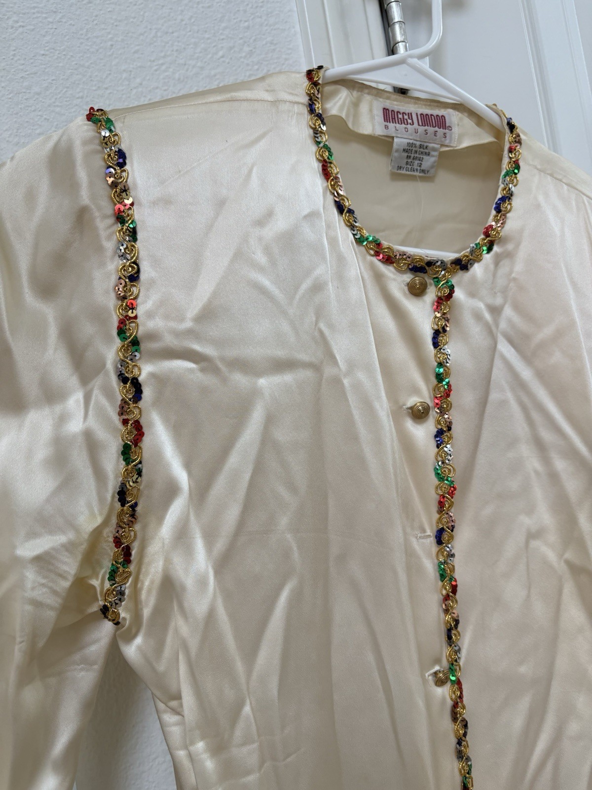 Vintage Maggy London 100% Silk Sequin Blouse Button Up Champagne Color M/L
