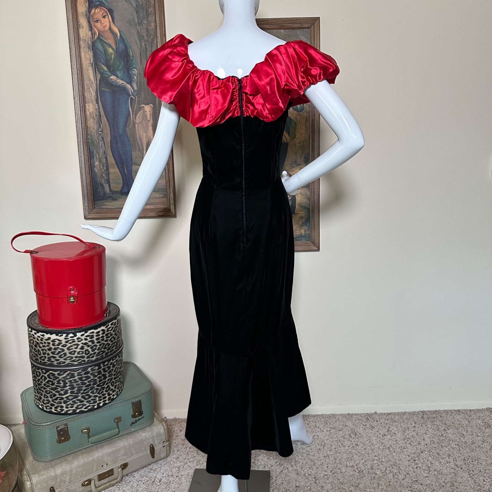 Vintage 80s Jessica McClintock Vampy Satin & Velvet Mermaid Party Prom Dress M/L