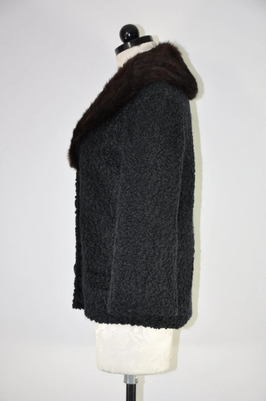 50s Black Boucle Brown Mink Fur Collar Boxy Evening Jacket Short Coat Women M