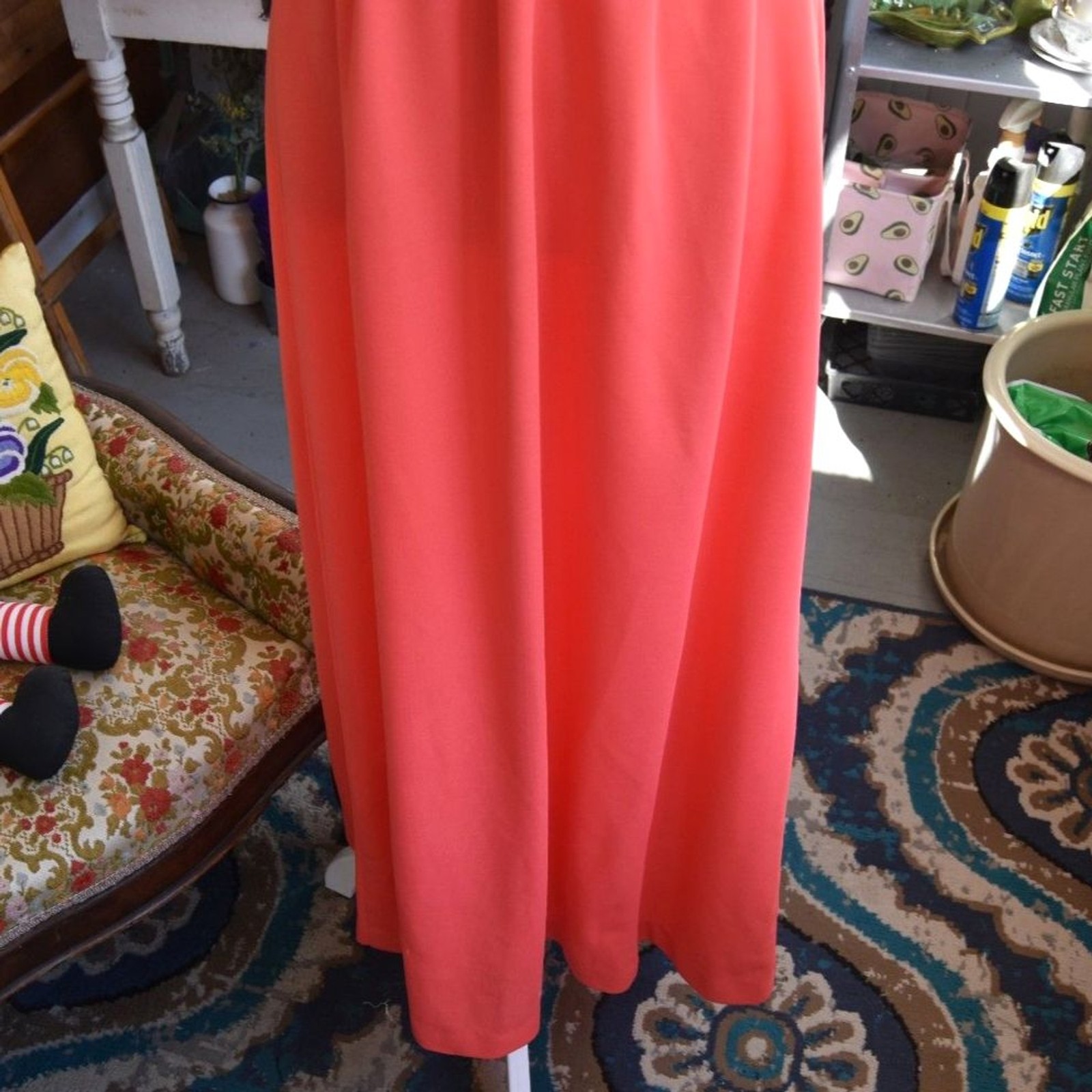 Vintage 70s Coral Hostess Gown Maxi Dress Empire Waist Flutter Sleeve L