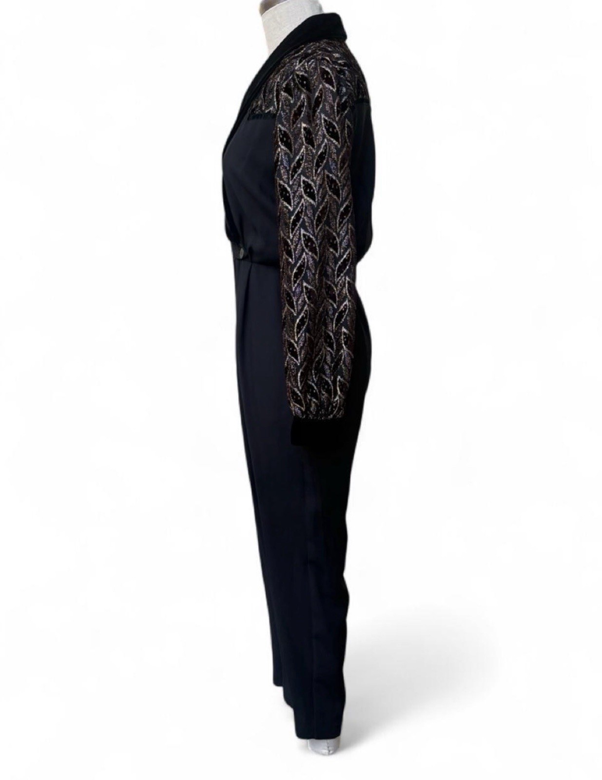 80’s Vintage Cocktail Jumpsuit Collared Burnout Velvet Sleeves Glam New Wave 4p